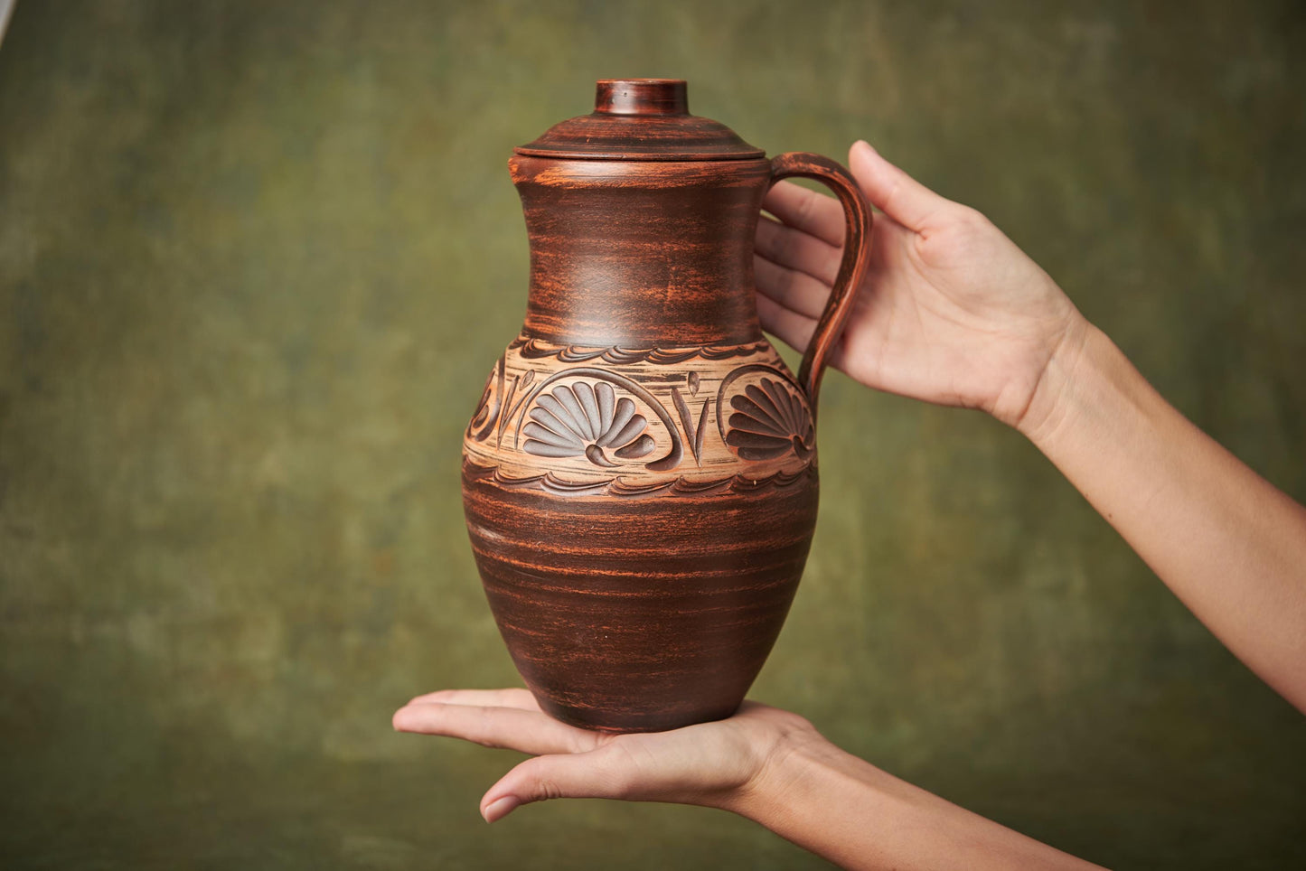 Big Clay Jug with Lid Handmade Ceramic Vessel for Milk, Water, Juice, Vine Pitcher Jar Ewer Jugful