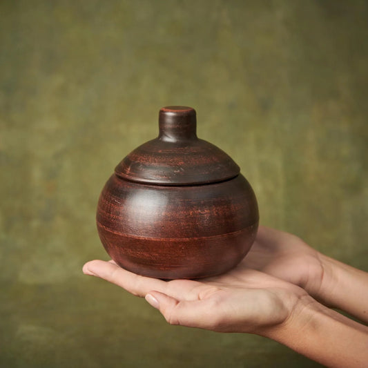 Handmade dark brown clay jar with lid held in person's hands against a green background.