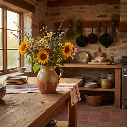 A handcrafted ceramic pitcher overflowing with wildflowers on a rustic kitchen counter.