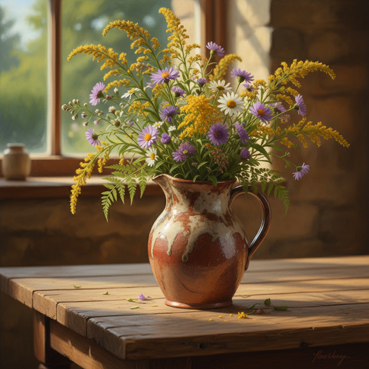A rustic ceramic pitcher filled with wildflowers on a wooden table.