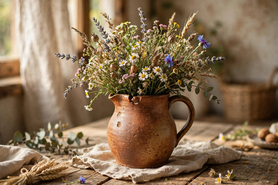 A rustic ceramic pitcher filled with wildflowers sits on a wooden table, bathed in warm light.