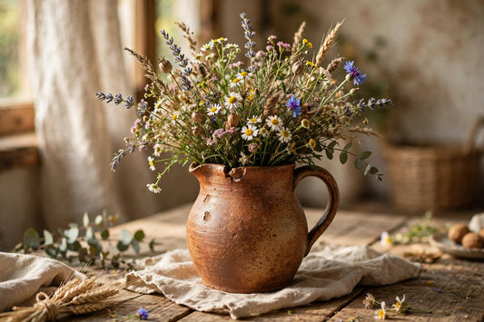 A rustic ceramic pitcher filled with wildflowers sits on a wooden table, bathed in warm light.