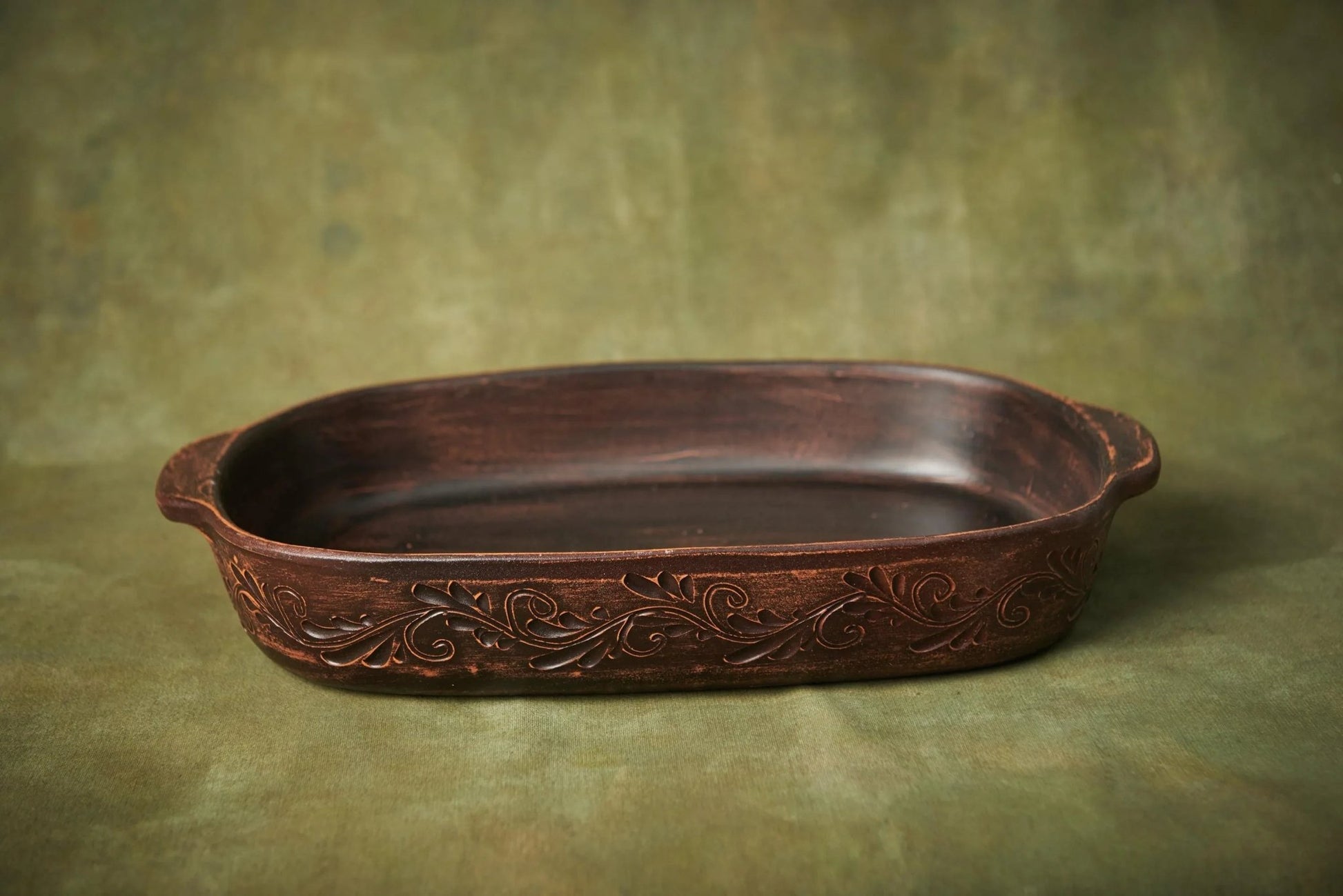 Handmade ceramic baking tray with ornate floral pattern, rustic pottery gift from clayproductsshop