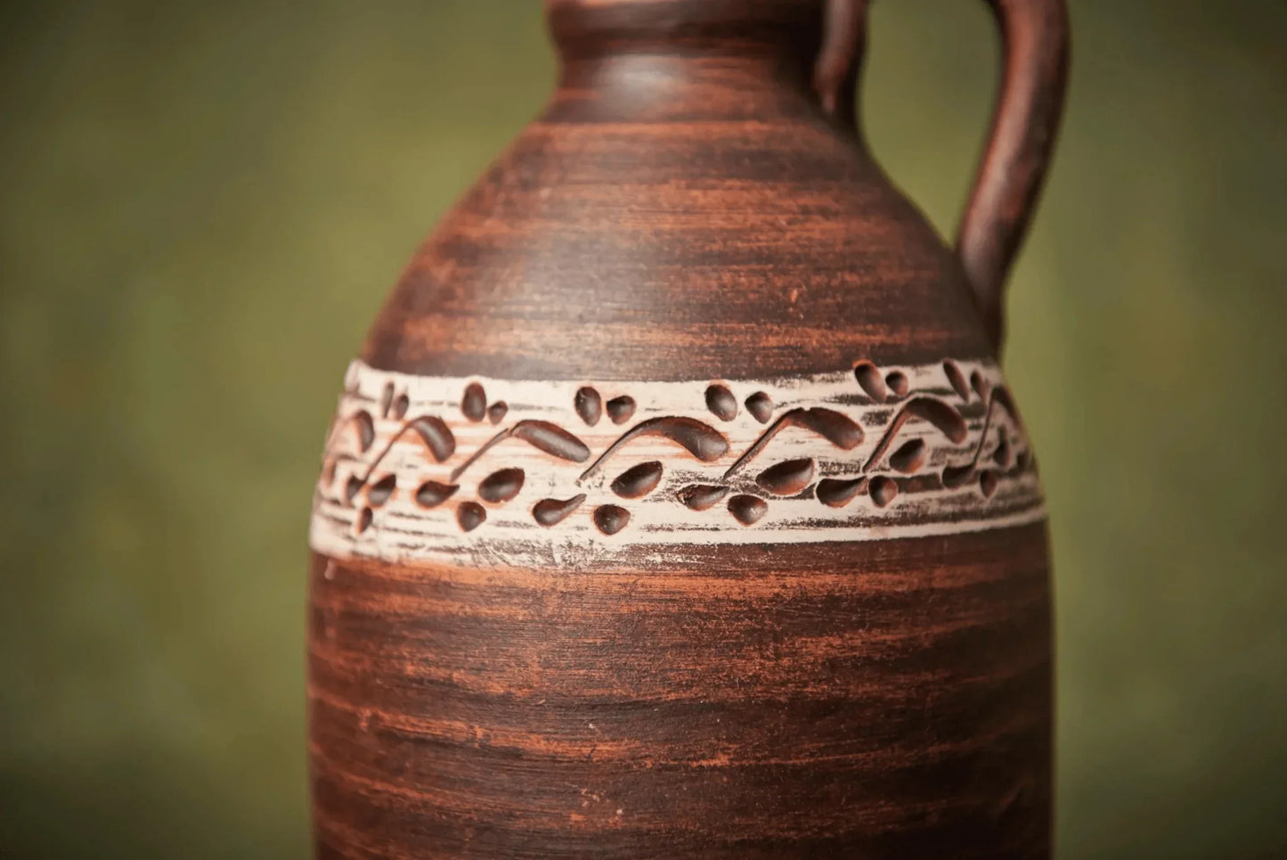 Handmade ceramic amphora bottle with handle and carved vine pattern, clayproductsshop homeware