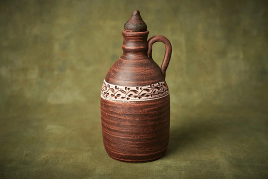 Handmade ceramic amphora with handle and lid, artisan clay water or wine jug