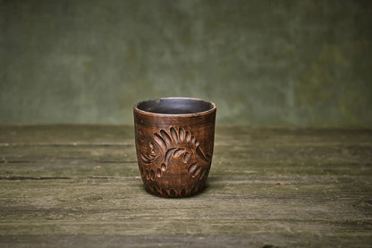 Handmade engraved clay tumbler cup, 300 ml, on rustic wood, artisan pottery homeware