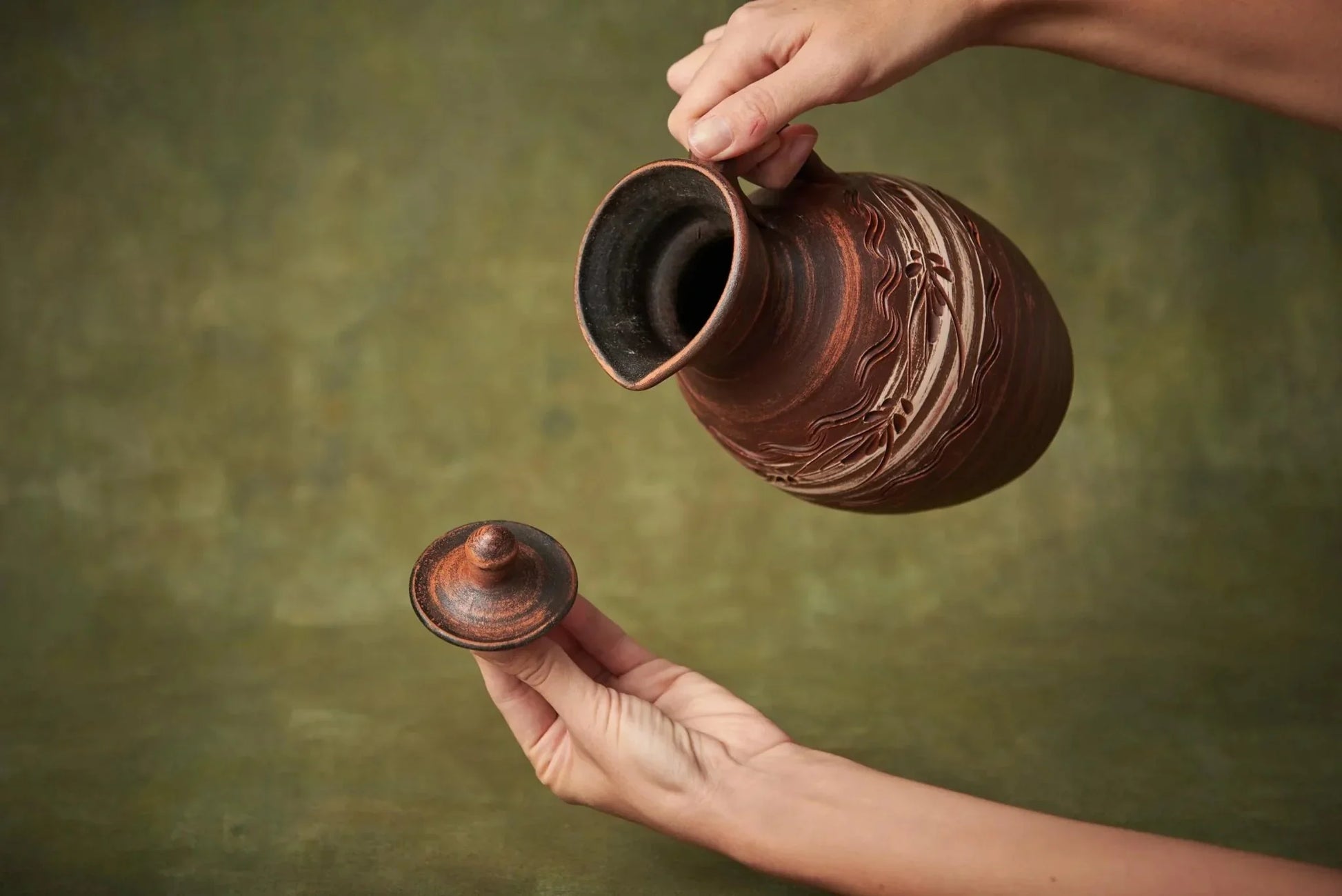 Handmade clay pitcher with lid, artisan brown ceramic jug, rustic homeware