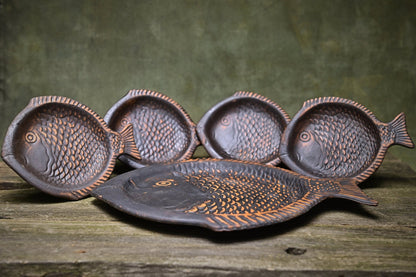 Ceramic Plates Set for 5 Fish Sushi Plate Clay Tray Handcrafted Dishes Pottery - clayproductsshop