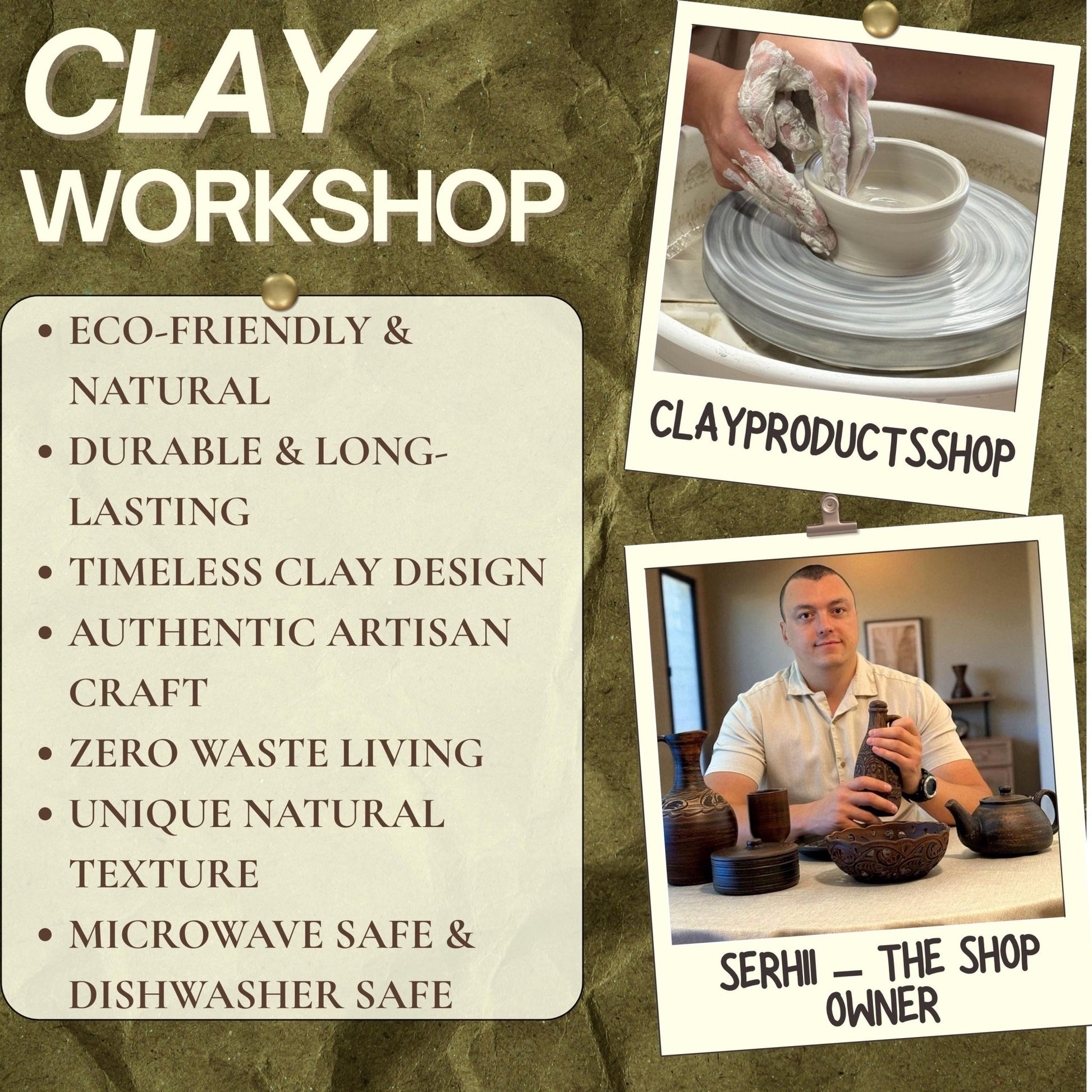 Clay workshop poster with eco-friendly handmade pottery, artisan and natural clay products.
