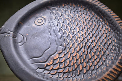 Handcrafted clay plate with embossed fish design, artisan homeware by clayproductsshop