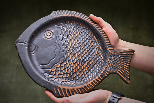 Handcrafted clay fish-shaped ceramic plate, artisan homeware from clayproductsshop