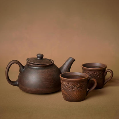 Clay Teapot Set: Rustic Teapot with Tea Cups, Terracotta Ceramic Kitchen Decor - clayproductsshop