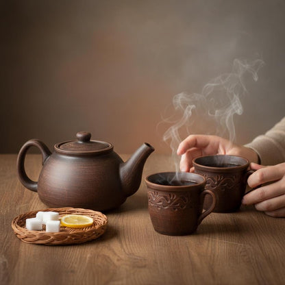 Clay Teapot Set: Rustic Teapot with Tea Cups, Terracotta Ceramic Kitchen Decor - clayproductsshop