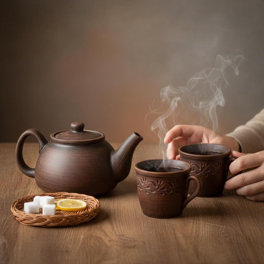 Clay Teapot Set: Rustic Teapot with Tea Cups, Terracotta Ceramic Kitchen Decor - clayproductsshop