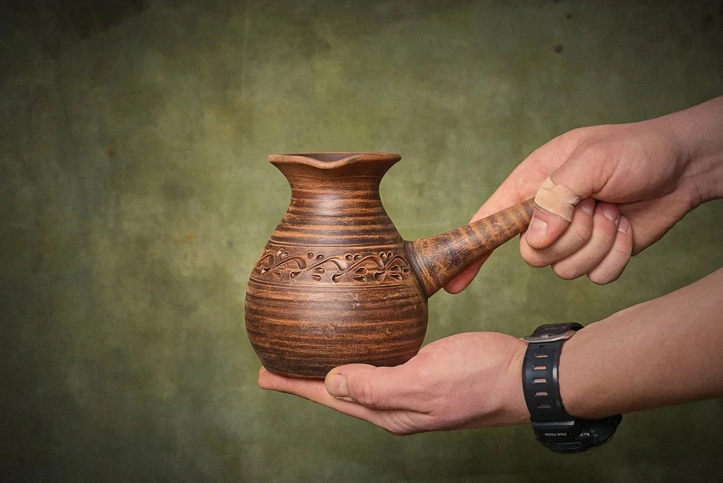 Handmade red clay cezve Turkish coffee pot with handle, artisan eco-friendly pottery