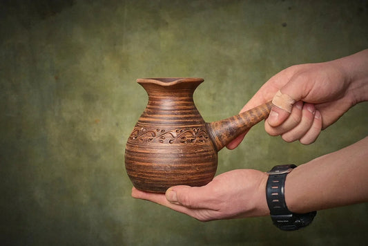 Handmade red clay cezve Turkish coffee pot with handle, artisan eco-friendly pottery