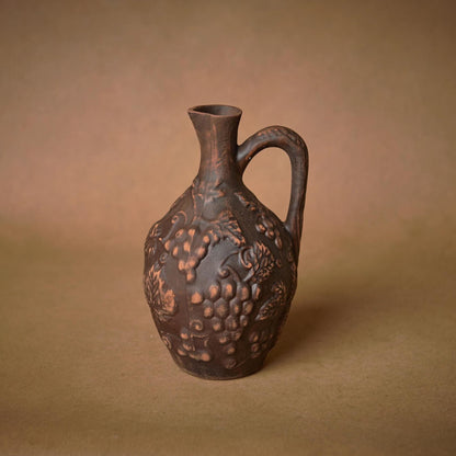 Handmade Red Clay Wine Jug with Grape Decor – Rustic Ceramic Pitcher - clayproductsshop