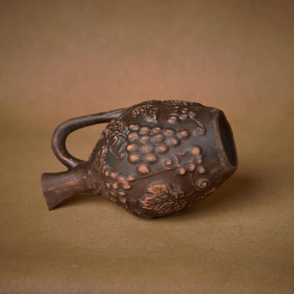 Handmade Red Clay Wine Jug with Grape Decor – Rustic Ceramic Pitcher - clayproductsshop