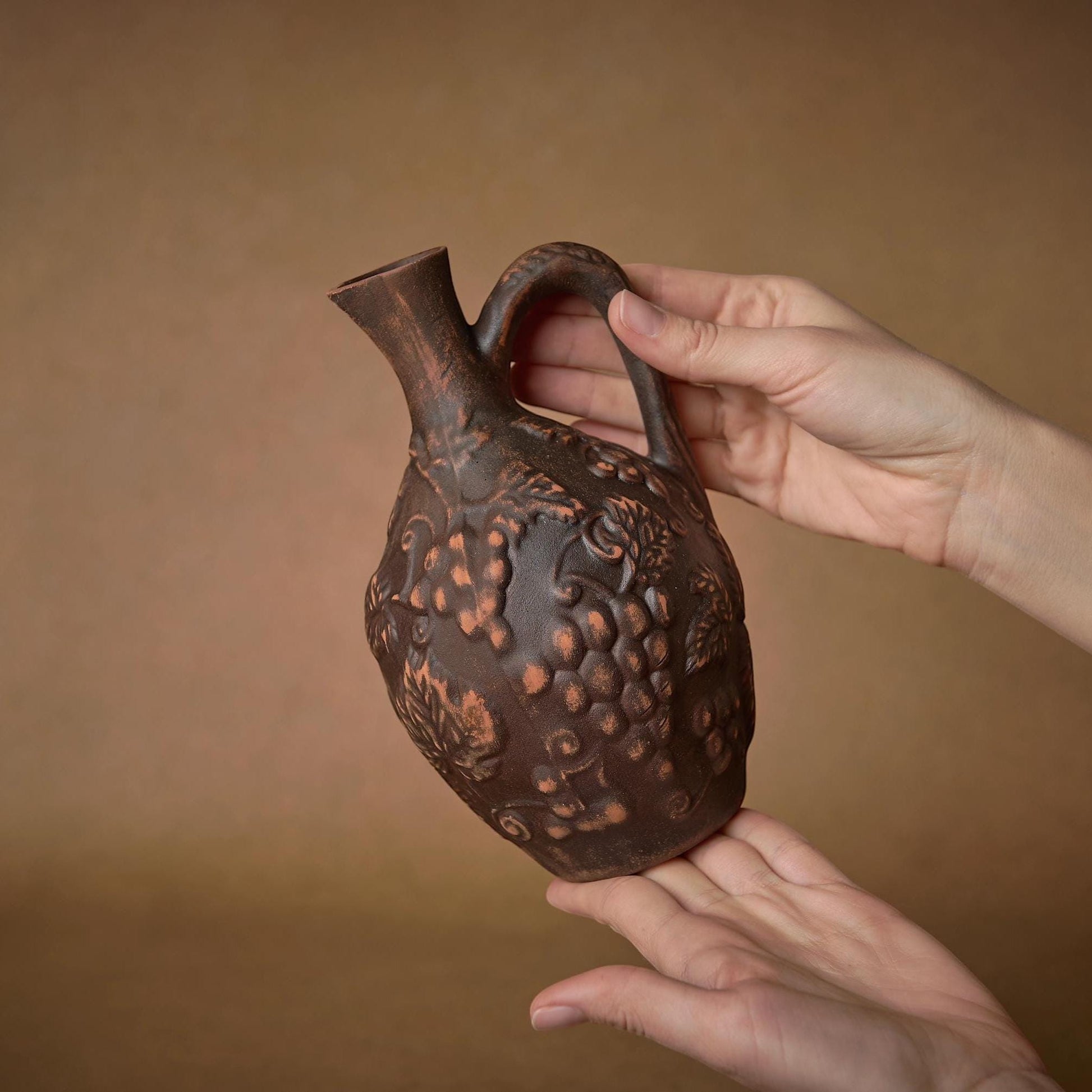Handmade Red Clay Wine Jug with Grape Decor – Rustic Ceramic Pitcher - clayproductsshop