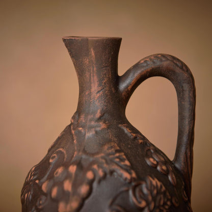 Handmade Red Clay Wine Jug with Grape Decor – Rustic Ceramic Pitcher - clayproductsshop