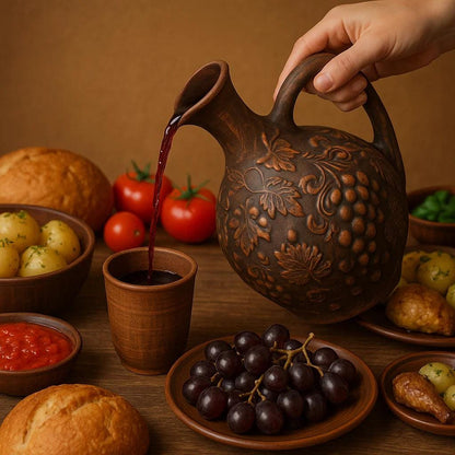 Handmade Red Clay Wine Jug with Grape Decor – Rustic Ceramic Pitcher - clayproductsshop