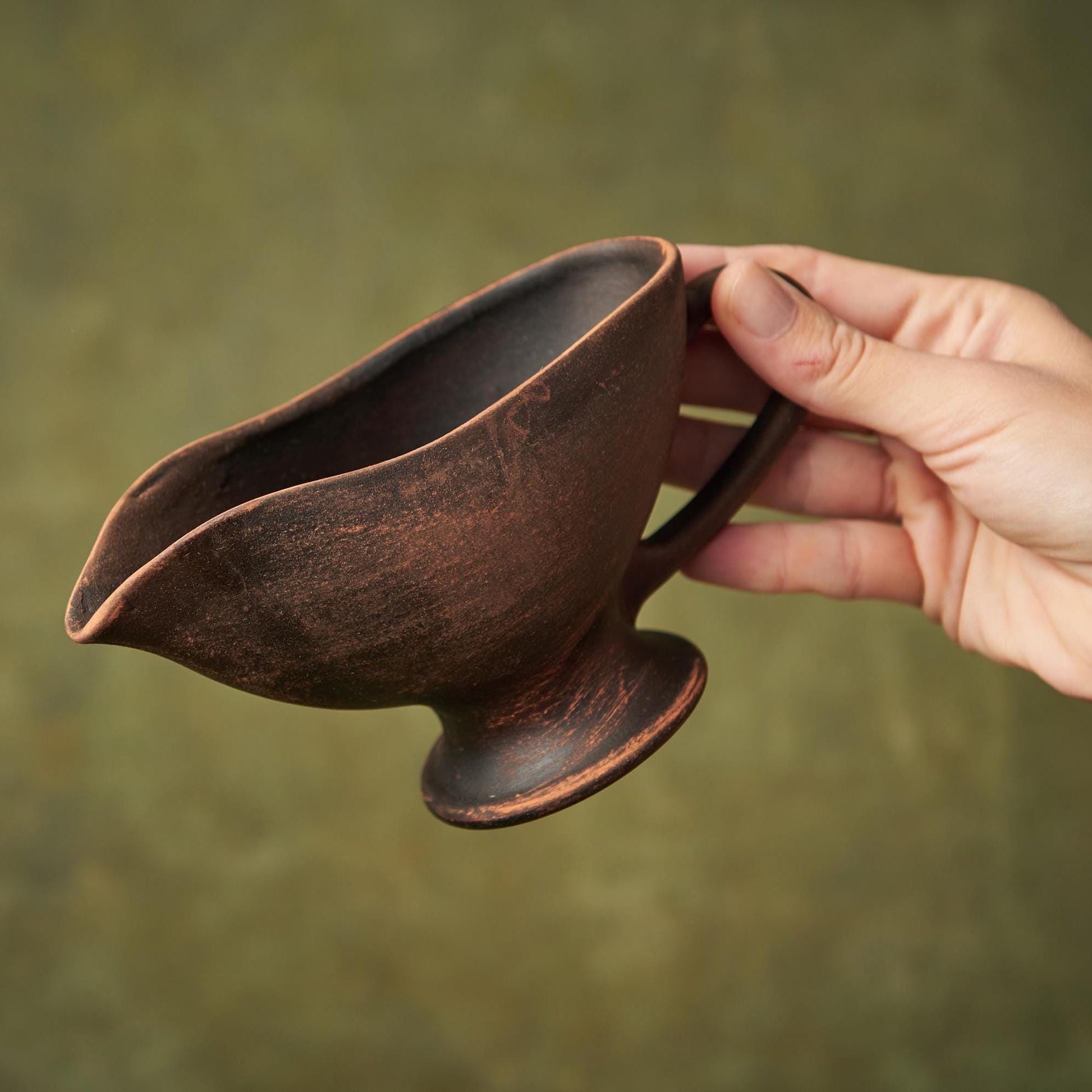 Handmade Rustic Clay Gravy Boat: Small Ceramic Serving Pitcher - clayproductsshop