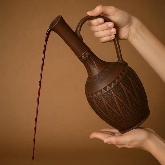 Hand-poured red liquid from artisan clay pitcher with geometric patterns, handmade homeware decor