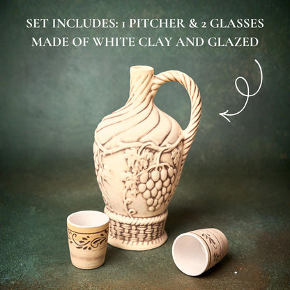Ceramic Shot Glass Set with Handmade Pitcher: Clay Wine Glasses, Bottle for Serving Wine