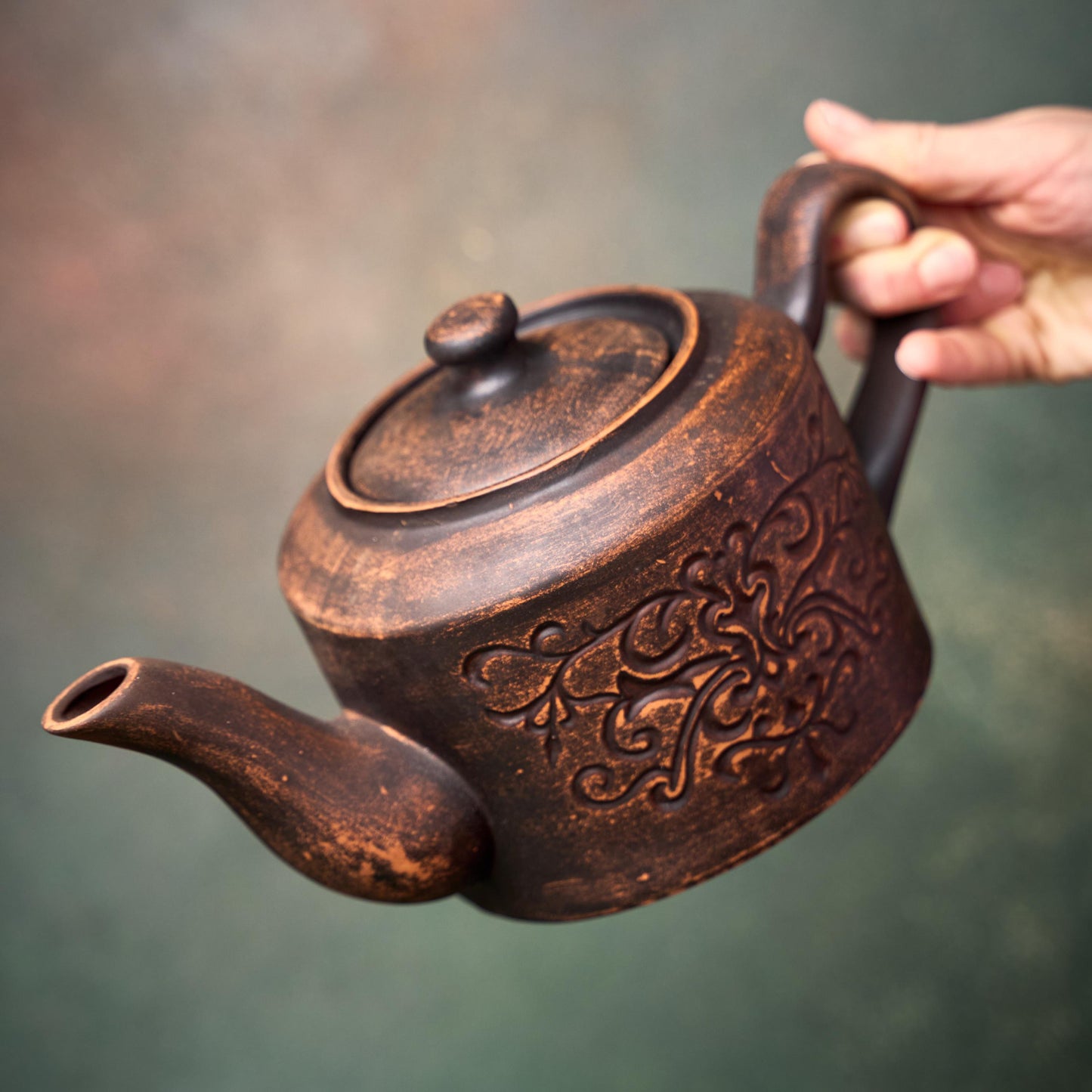 Teapot Ceramic: Handmade Clay Tea Pot, Brown Unglazed Kettle (1200ml)