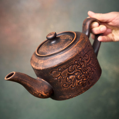 Teapot Ceramic: Handmade Clay Tea Pot, Brown Unglazed Kettle (1200ml)