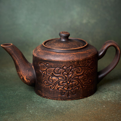 Teapot Ceramic: Handmade Clay Tea Pot, Brown Unglazed Kettle (1200ml)