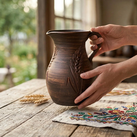 Handmade clay pitcher with wheat design, artisan-crafted homeware for rustic kitchen decor
