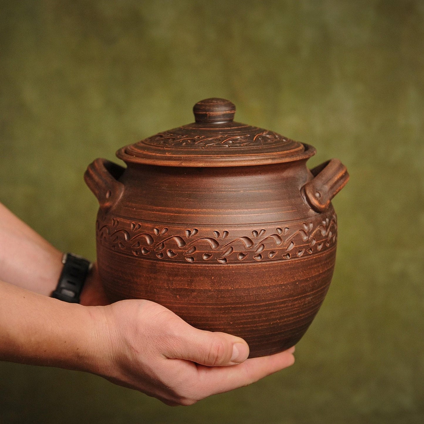 Handmade Clay Pot with Lid: Red Ceramic Cooking Bread Baker, Yogurt and Bean Cookware