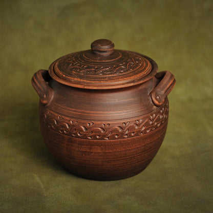 Handmade Clay Pot with Lid: Red Ceramic Cooking Bread Baker, Yogurt and Bean Cookware