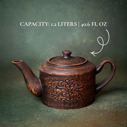 Teapot Ceramic: Handmade Clay Tea Pot, Brown Unglazed Kettle (1200ml)