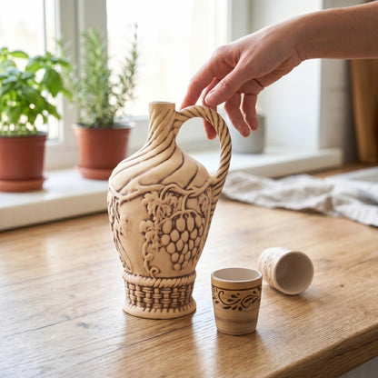 Ceramic Shot Glass Set with Handmade Pitcher: Clay Wine Glasses, Bottle for Serving Wine