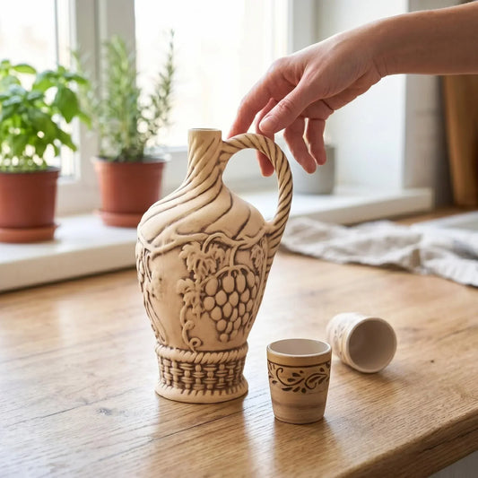 Ceramic Shot Glass Set with Handmade Pitcher: Clay Wine Glasses, Bottle for Serving Wine
