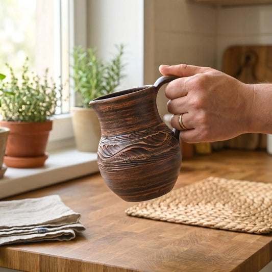 Hand holding artisan clay pitcher with leaf design, perfect for rustic kitchen décor and sustainable homeware.