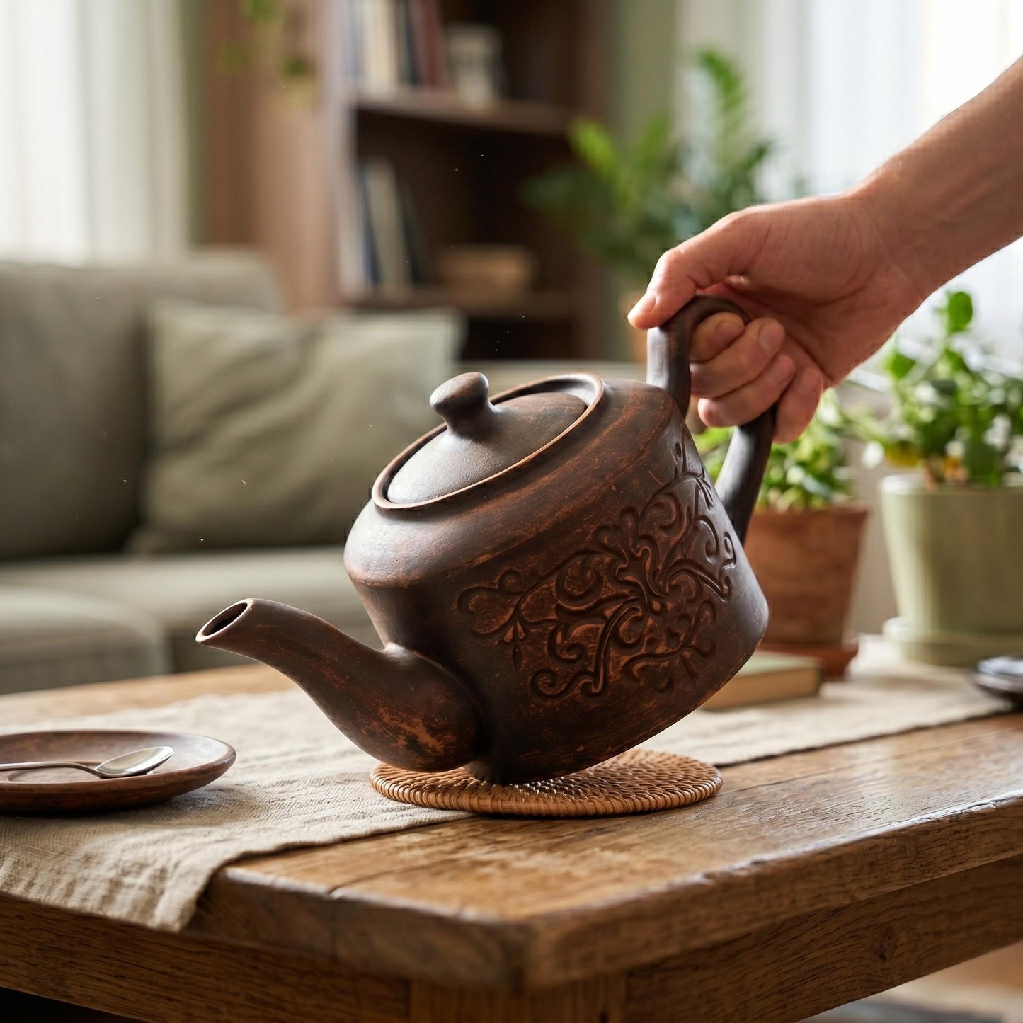 Teapot Ceramic: Handmade Clay Tea Pot, Brown Unglazed Kettle (1200ml)