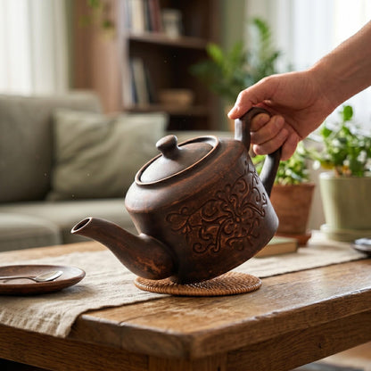 Teapot Ceramic: Handmade Clay Tea Pot, Brown Unglazed Kettle (1200ml)