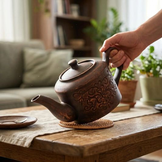 Teapot Ceramic: Handmade Clay Tea Pot, Brown Unglazed Kettle (1200ml)