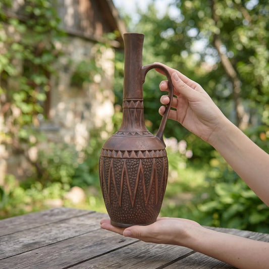 Handmade clay pitcher with textured geometric patterns, held outdoors on wooden table