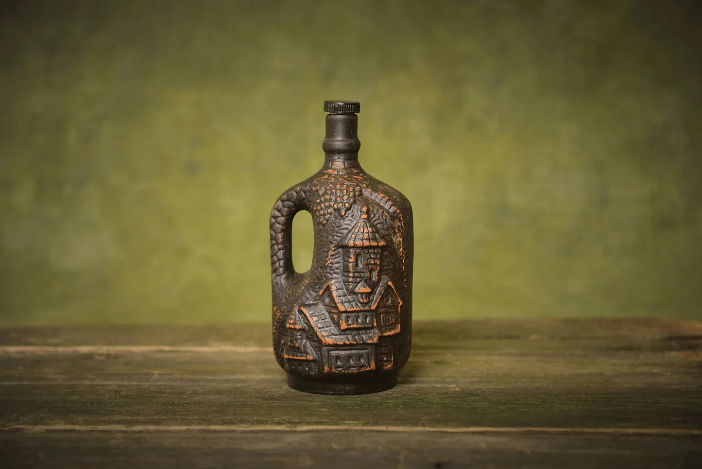 Handmade small ceramic bottle with cork, brown clay jug, artisan country house decor