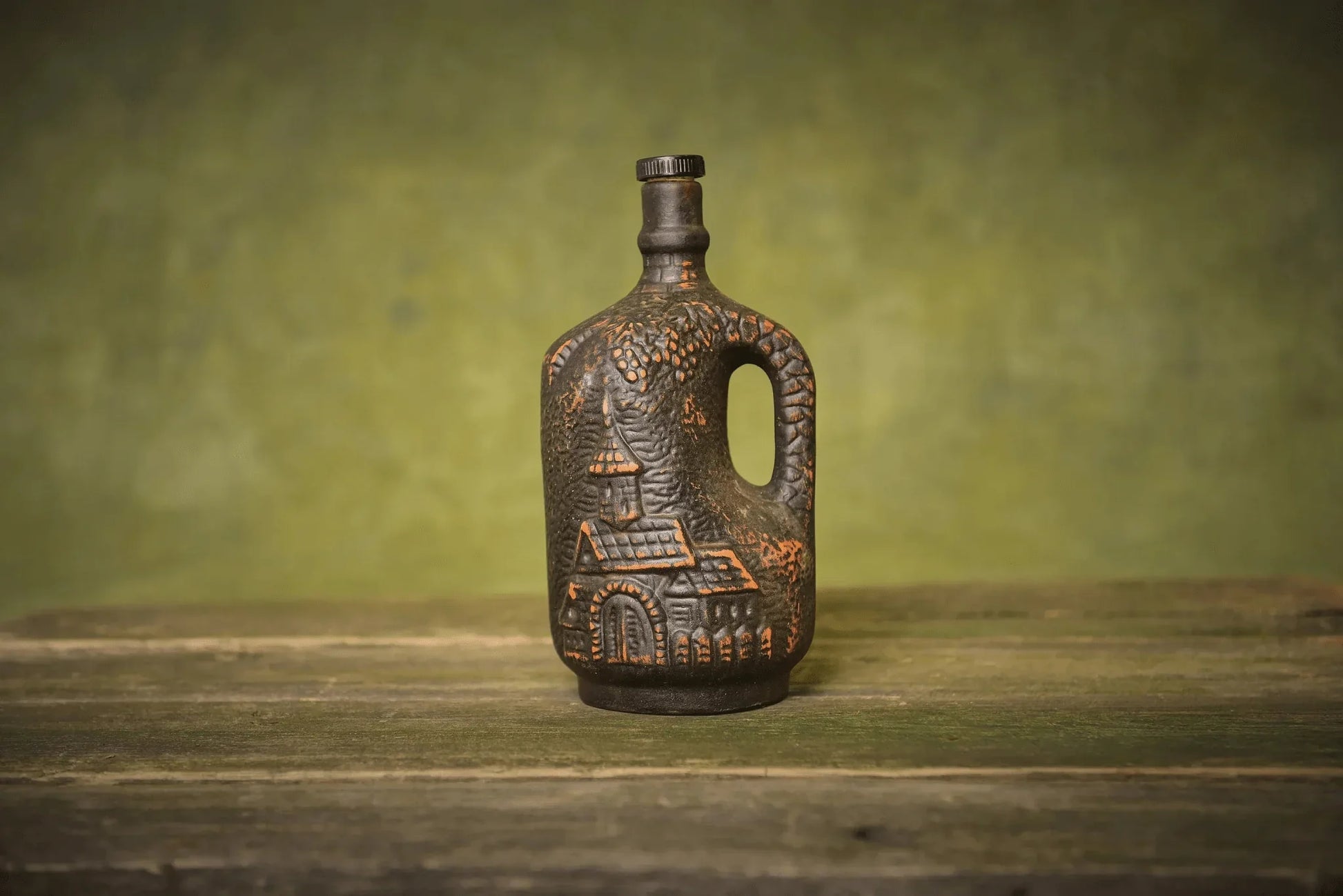 Handmade ceramic bottle with cork and rustic village design, artisan clay home decor