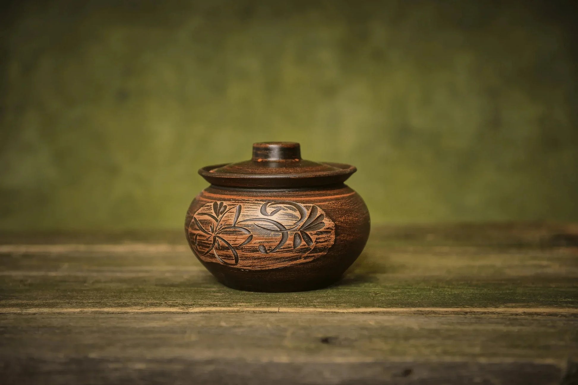 Handmade ceramic sugar bowl with lid, rustic carved floral design, stoneware home decor
