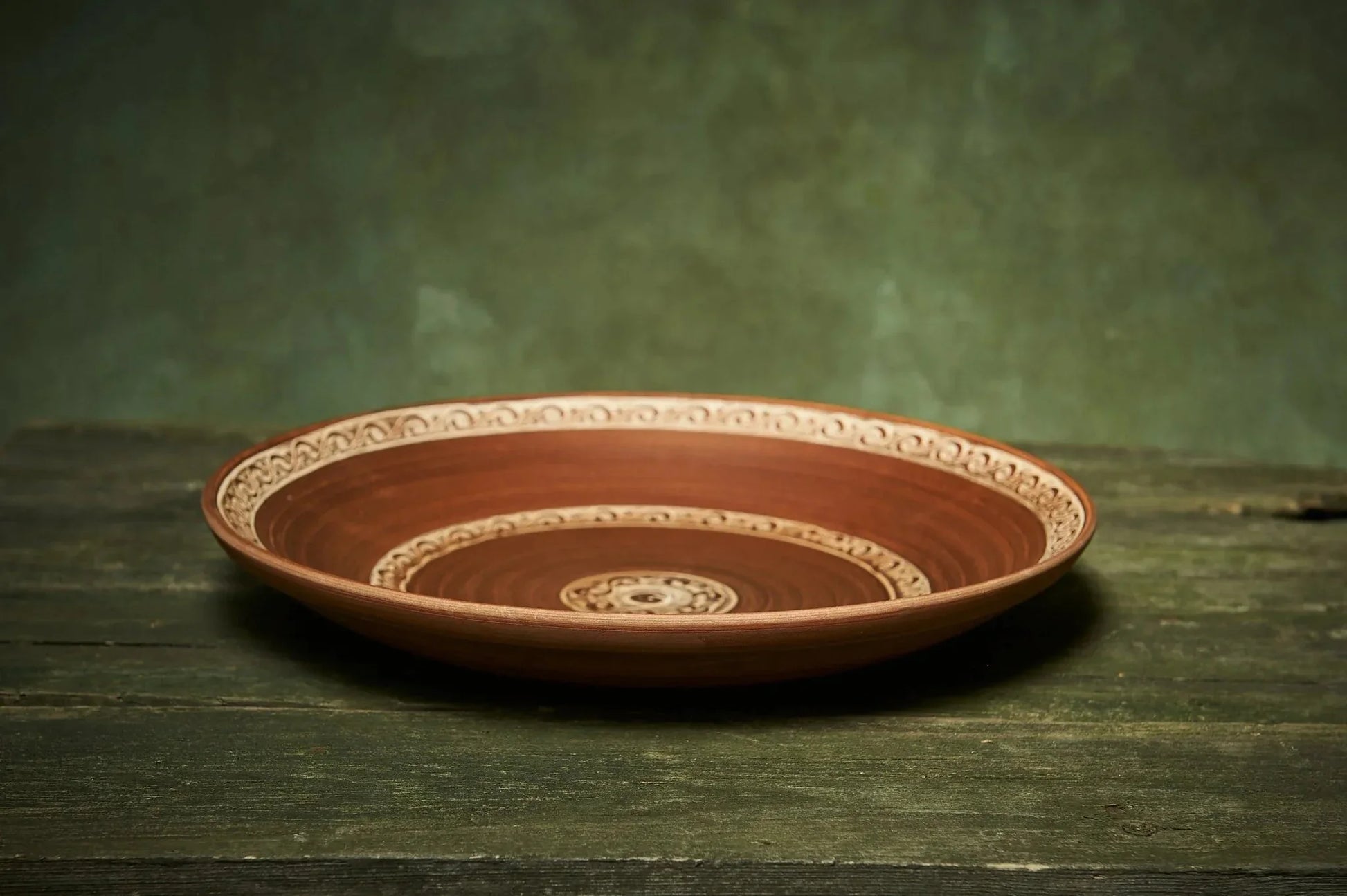Handmade large ceramic plate with ornate border, rustic pottery from clayproductsshop
