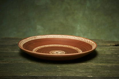 Handmade large ceramic plate with ornate border, rustic pottery from clayproductsshop