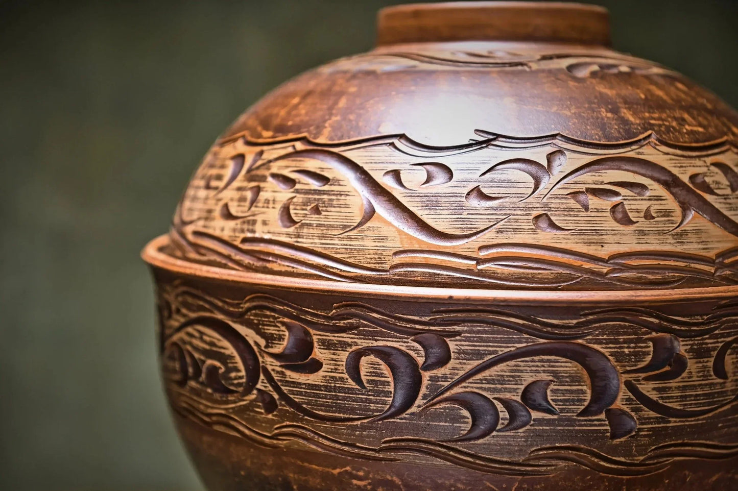 Handmade Ukrainian ceramic pot with lid, rustic carved clay kitchenware