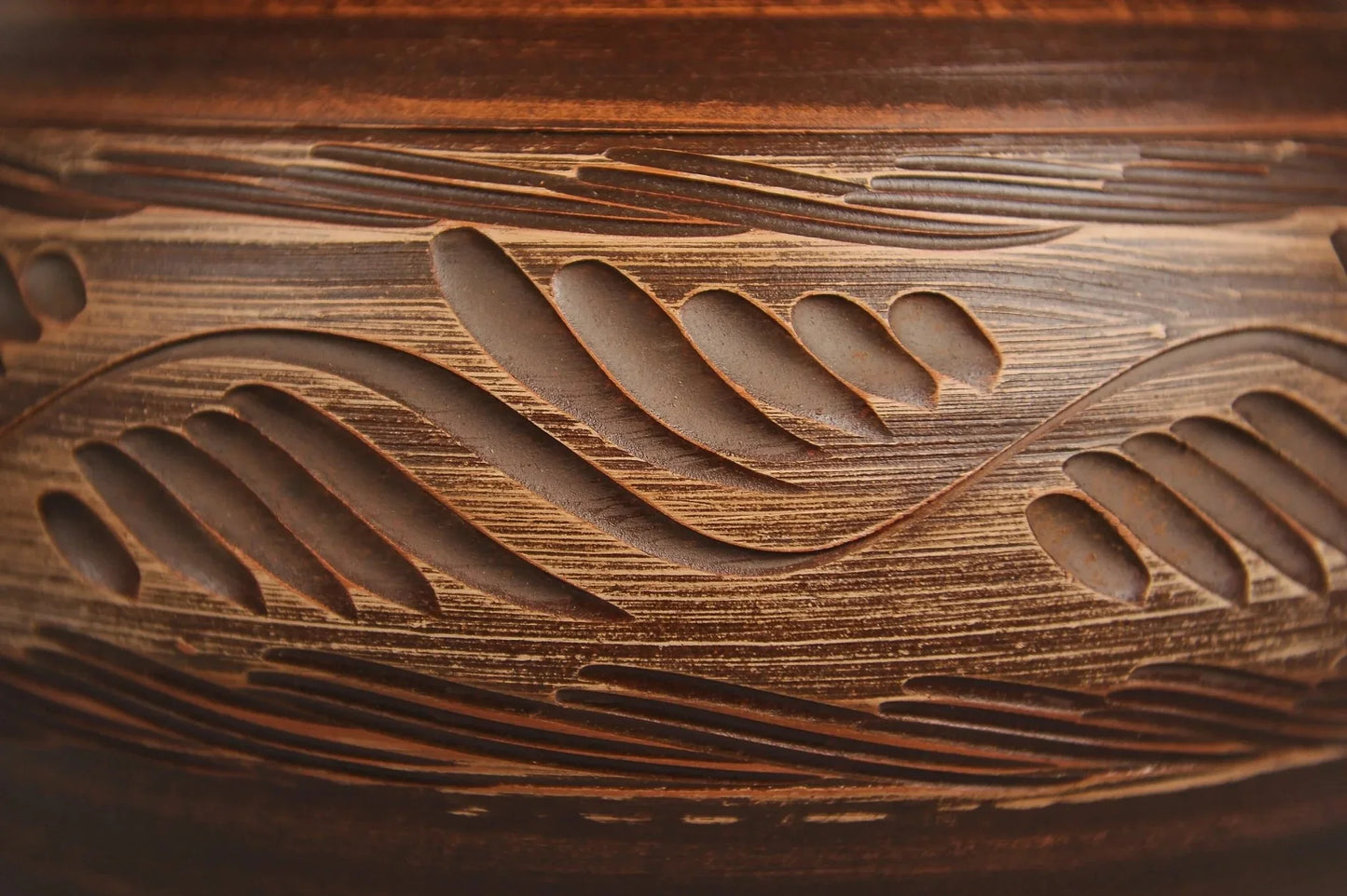 Handmade ceramic clay pot with carved organic leaf pattern, artisan homeware from clayproductsshop