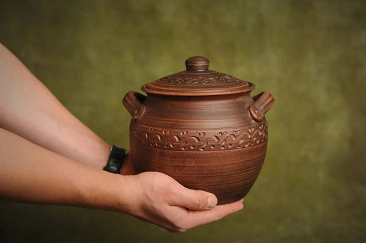 Handmade clay casserole pot with lid and handles, artisan pottery kitchenware